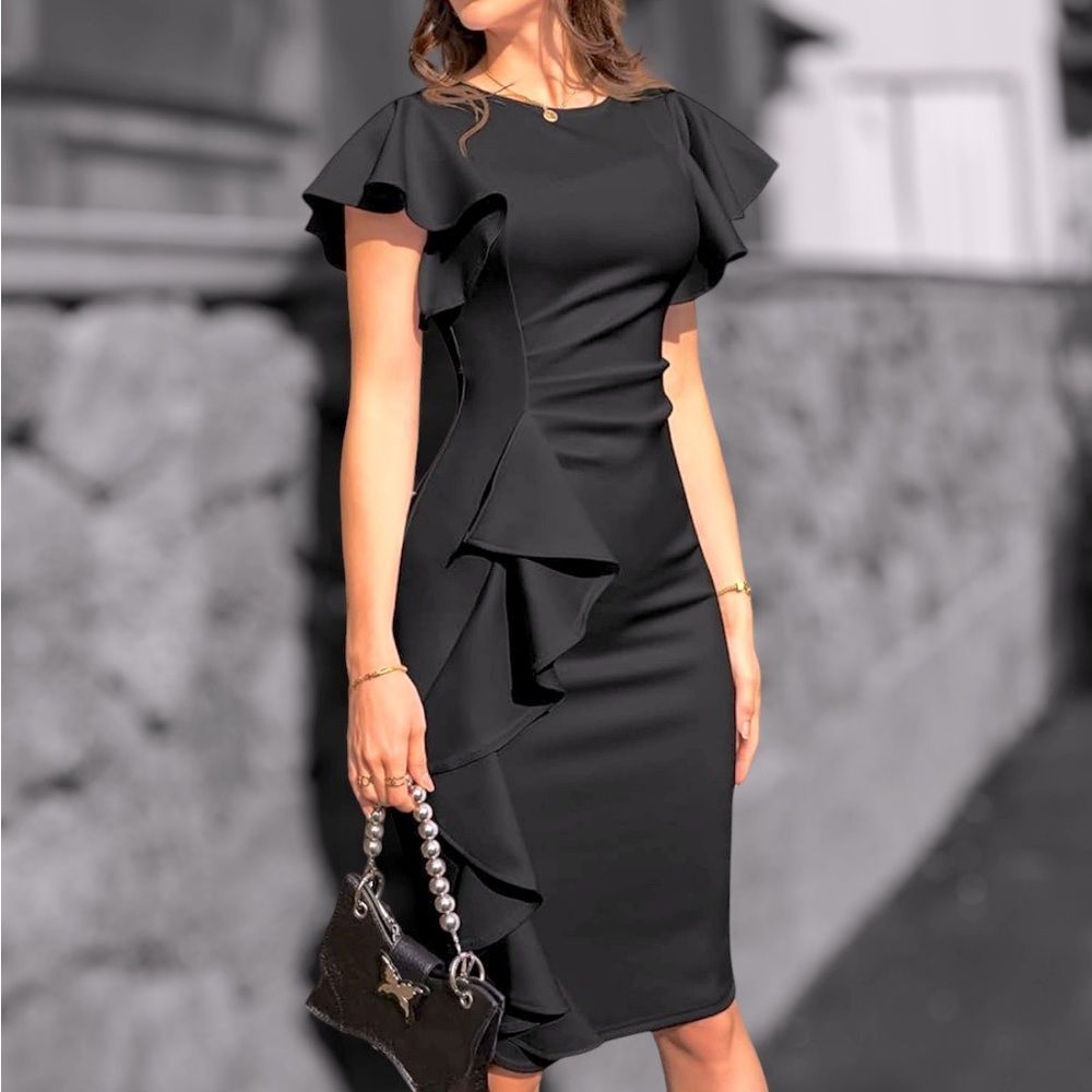 Ruffle Sleeve Ruched Bodycon Work Midi Pencil Dress